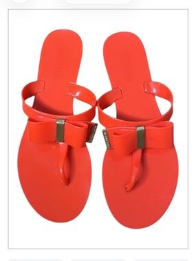 Michael Kors Red Jelly Thong Flat Sandals with Bow and Gold Detail